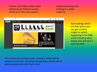 Social networking sites
to bring in a wider
audience
Pictures and Videos which when
clicked on are linked to stories
which are in the news section
Sub headings which
are links where you
can get a further
insight on what’s
happening in the R&B
world including who’s
dating who and who is
wearing what
This section has the latest news coming in which will be
updated every hour, including new gig dates, stories about
upcoming pop stars and much more
 