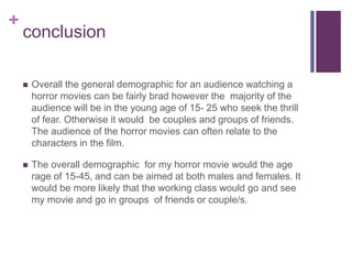 + 
conclusion 
 Overall the general demographic for an audience watching a 
horror movies can be fairly brad however the majority of the 
audience will be in the young age of 15- 25 who seek the thrill 
of fear. Otherwise it would be couples and groups of friends. 
The audience of the horror movies can often relate to the 
characters in the film. 
 The overall demographic for my horror movie would the age 
rage of 15-45, and can be aimed at both males and females. It 
would be more likely that the working class would go and see 
my movie and go in groups of friends or couple/s. 
