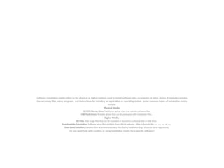 Software installation media refers to the physical or digital medium used to install software onto a computer or other device. It typically contains
the necessary files, setup programs, and instructions for installing an application or operating system. Some common forms of installation media
include:
Physical Media:
CD/DVD/Blu-ray Discs: Traditional optical discs that contain software files.
USB Flash Drives: Portable drives that can be preloaded with installation files.
Digital Media:
ISO Files: Disk image files that can be mounted or burned to a physical disk or USB drive.
Downloadable Executables: Software setup files available from official websites, often in formats like .exe, .dmg, .pkg, or .deb.
Cloud-based Installers: Installers that download necessary files during installation (e.g., Steam or other app stores).
Do you need help with creating or using installation media for a specific software?