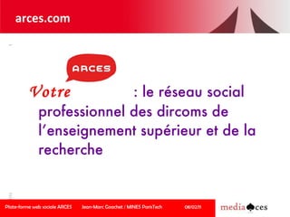 Votre   : le réseau social professionnel des dircoms de l’enseignement supérieur et de la recherche Plate-forme web sociale ARCES Jean-Marc Goachet / MINES ParisTech 08/02/11 arces.com 