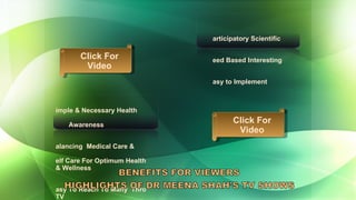 Simple & Necessary Health  Awareness Balancing  Medical Care &  Self Care For Optimum Health  & Wellness Easy To Reach To Many  Thro’ TV  Participatory Scientific Need Based Interesting Easy to Implement Click For Video Click For Video 