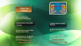 www.drmeenashah.com Is Widely Used & Visited Website Has More Than 200 Videos on  www.youtube.com Is Working With many Company’s Intranet On Promoting Health Care & Health Awareness Active In Health care Trainings & Workshops Completed More Than 2,000 Trainings   Has first hand Input On What Viewers want to See Large Number Of  Corporate  Employees Want To See her TV Shows   Click For Videos 