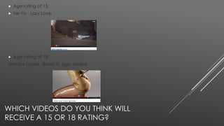 Age rating of 15: 
 Ne-Yo - Lazy Love 
 Age rating of 18: 
Jennifer Lopez - Booty ft. Iggy Azalea 
WHICH VIDEOS DO YOU THINK WILL 
RECEIVE A 15 OR 18 RATING? 
