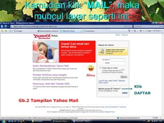Kemudian klik “MAIL”, maka
muncul layar seperti ini:
Gb.2 Tampilan Yahoo Mail
Klik
DAFTAR
 