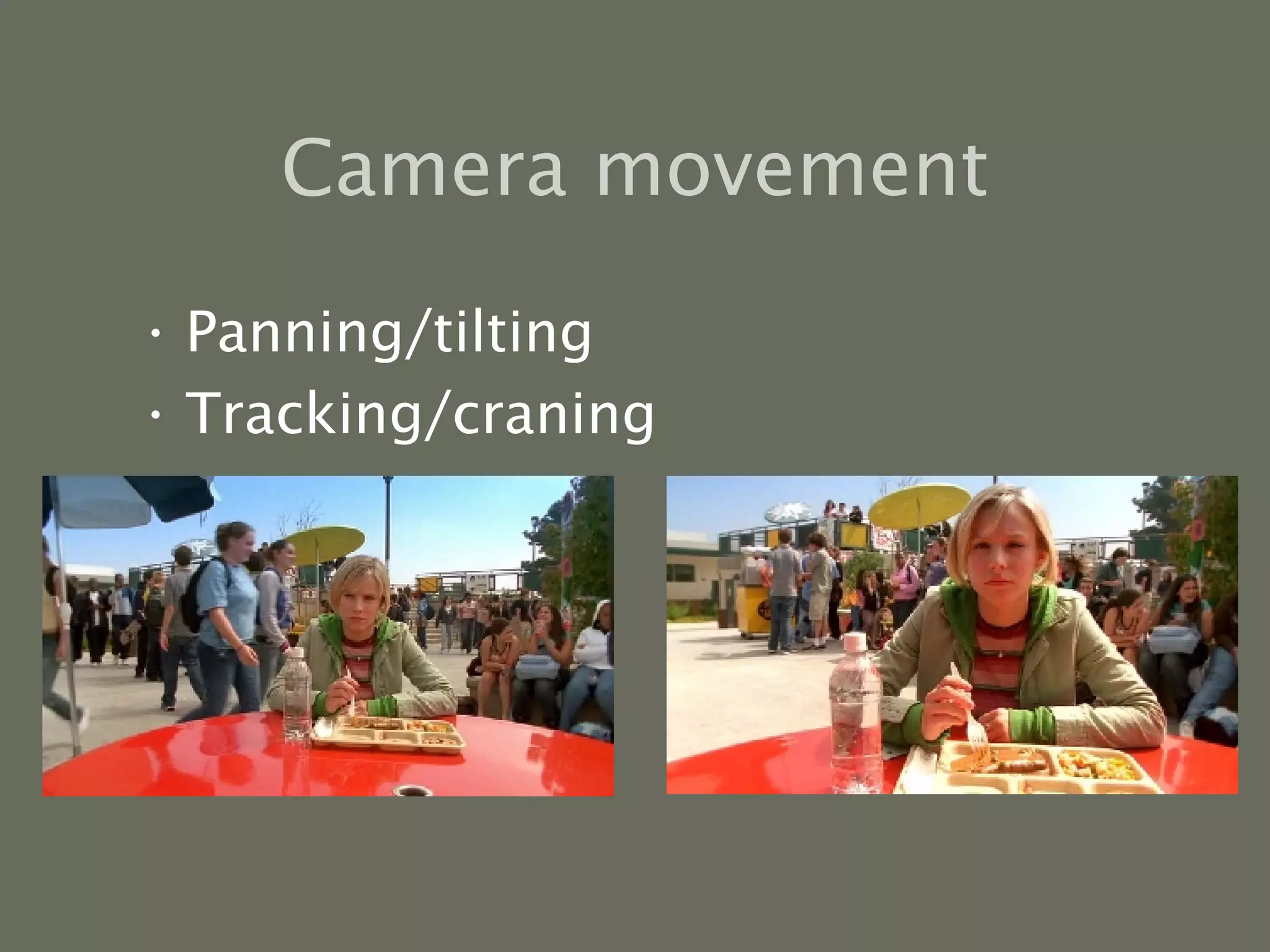 Camera movement Panning/tilting Tracking/craning 