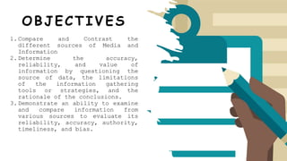 OBJECTIVES
1.Compare and Contrast the
different sources of Media and
Information
2.Determine the accuracy,
reliability, and value of
information by questioning the
source of data, the limitations
of the information gathering
tools or strategies, and the
rationale of the conclusions.
3.Demonstrate an ability to examine
and compare information from
various sources to evaluate its
reliability, accuracy, authority,
timeliness, and bias.
 