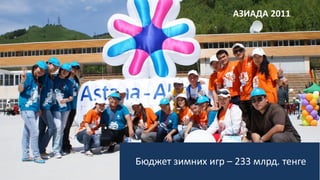 Бюджет зимних игр – 233 млрд. тенге
АЗИАДА 2011
 