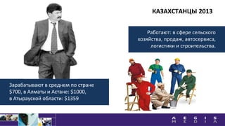 Зарабатывают в среднем по стране
$700, в Алматы и Астане: $1000,
в Атырауской области: $1359
Работают: в сфере сельского
хозяйства, продаж, автосервиса,
логистики и строительства.
КАЗАХСТАНЦЫ 2013
 