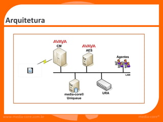 Arquitetura

                        CM
                                           AES

                                                       Agentes




                                                            LAN




                             media-core®         URA
                              Uniqueue




www.media-core.com.br                                             media-core®
 