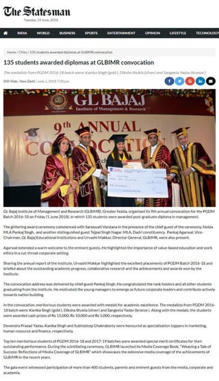 Extensive Media Coverage of 9th Annual Convocation of PGDM Batch 2016-18