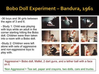 36 boys and 36 girls between the ages of 3 and 6.  Study 1: Child was playing with toys while an adult in the corner starting hitting the Bobo doll. Children were then taken into a room with a Bobo doll. Study 2: Children were left alone with sets of aggressive and non-aggressive toys to play with. ‘ Aggressive’= Bobo doll, Mallet, 2 dart guns, and a tether ball with a face on it. ‘ Non Aggressive’= Tea set, paper and crayons, two dolls, cars and trucks.  