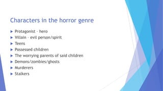 Characters in the horror genre
 Protagonist – hero
 Villain – evil person/spirit
 Teens
 Possessed children
 The worrying parents of said children
 Demons/zombies/ghosts
 Murderers
 Stalkers
 
