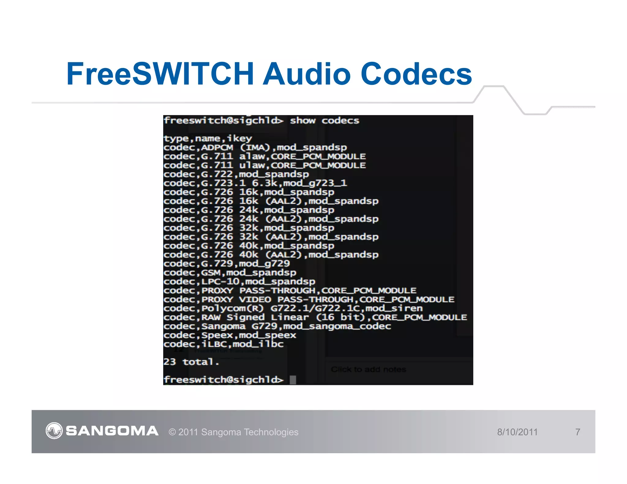 FreeSWITCH Audio Codecs




     © 2011 Sangoma Technologies   8/10/2011   7
 