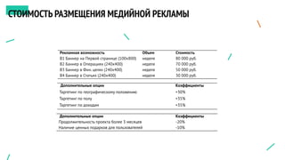 Рекламная возможность Объем Стоимость
B1 Баннер на Первой странице (100х800) неделя 80 000 руб.
B2 Баннер в Операциях (240х400) неделя 70 000 руб.
B3 Баннер в Фин. целях (240х400) неделя 50 000 руб.
B4 Баннер в Статьях (240х400) неделя 30 000 руб.
Дополнительные опции Коэффициенты
Таргетинг по географическому положению +30%
Таргетинг по полу +35%
Таргетинг по доходам +35%
Дополнительные опции Коэффициенты
Продолжительность проекта более 3 месяцев -20%
Наличие ценных подарков для пользователей -10%
СТОИМОСТЬ РАЗМЕЩЕНИЯ МЕДИЙНОЙ РЕКЛАМЫ
 