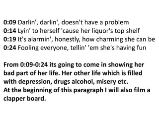 0:09 Darlin', darlin', doesn't have a problem
0:14 Lyin' to herself 'cause her liquor's top shelf
0:19 It's alarmin', honestly, how charming she can be
0:24 Fooling everyone, tellin' 'em she's having fun
From 0:09-0:24 its going to come in showing her
bad part of her life. Her other life which is filled
with depression, drugs alcohol, misery etc.
At the beginning of this paragraph I will also film a
clapper board.

 