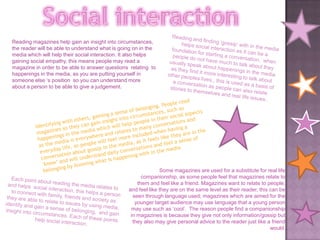 Reading magazines help gain an insight into circumstances,
the reader will be able to understand what is going on in the
media which will help their social interaction. It also helps
gaining social empathy, this means people may read a
magazine in order to be able to answer questions relating to
happenings in the media, as you are putting yourself in
someone else „s position so you can understand more
about a person to be able to give a judgement.




                                                               Some magazines are used for a substitute for real life
                                                       companionship, as some people feel that magazines relate to
                                                     them and feel like a friend. Magazines want to relate to people,
                                                 and feel like they are on the same level as their reader, this can be
                                                   seen through language used; magazines which are aimed for the
                                                    younger target audience may use language that a young person
                                                  may use such as „cool‟. The reason people find a companionship
                                                  in magazines is because they give not only information/gossip but
                                                   they also may give personal advice to the reader just like a friend
                                                                                                                would.
 