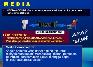 Dr.Sujarwo, M.PdDr.Sujarwo, M.Pd
(email:sujarwo@uny.ac.id)(email:sujarwo@uny.ac.id)
M E D I AM E D I A
Media Pembelajaran:
Segala sesuatu yang dapat digunakan untuk
menyalurkan pesan, merangsang pikiran, perasaan,
perhatian, dan kemauan siswa sehingga dapat
mendorong proses belajar.
• MEDIA-MEDIUM: Cara berkomunikasi dari sumber ke penerima
(Smaldino, 2005:9)
LATIN: “BETWEEN”
• PENGHANTAR/PERANTARA/MEMFASILITASI.
Perantara pesan dari komunikator ke komunikan
MEDIA KOMUNIKASI
 