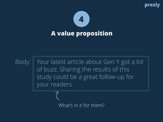 Body: 
4 
A value proposition 
Your latest article about Gen Y got a lot 
of buzz. Sharing the results of this 
study coul...