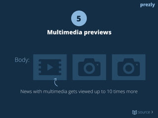 Body: 
5 
Multimedia previews 
News with multimedia gets viewed up to 10 times more 
prezly 
source 〉 
 