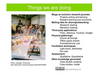 Blogs as inclusive research journals: Projects writing and learning Readers learning and comments Mailing lists for sharing/networking:   Research sharing Members meeting  Third party applications:  Flickr, delicious, Youtube, Google Physical gatherings:   Events all through Office space shared Formal/informal: pub Facilitation techniques:   Light touch, distributed No rules Assessment:   Qualitative, Quantitative Other knowledge generated: Case studies: projects Case studies: model Photo: copyright: Greenwise: http://www.flickr.com/photos/greenwise/2084185882 Things we are doing 