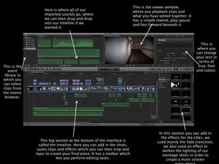 Here is where all of our
imported sounds go, where
we can then drag and drop
into our timeline if we
wanted it.
This is the viewer window,
where you playback clips and
what you have edited together. It
has a simple rewind, play/pause
and fast forward beneath it.
This is
where you
can change
your text in
terms of
size, font
and colour.
In this section you can add in
the effects for the titles, we
used mainly the fade transition,
we also used an effect to
darken the lighting of our
montage shots in order to
create a more sinister
This big section at the bottom of the interface is
called the timeline. Here you can add in the shots,
audio clips and effects which you can then crop and
layer to create your final piece. It has a toolbar which
lets you perform editing tasks.
This is the
event
library in
which you
can select
clips from
the events
browser.
 