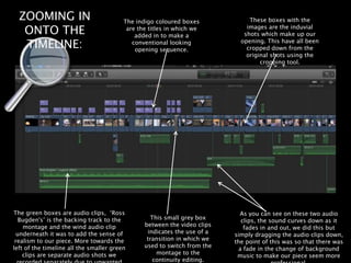 ZOOMING IN
ONTO THE
TIMELINE:
The indigo coloured boxes
are the titles in which we
added in to make a
conventional looking
opening sequence.
The green boxes are audio clips, ‘Ross
Bugden's’ is the backing track to the
montage and the wind audio clip
underneath it was to add the sense of
realism to our piece. More towards the
left of the timeline all the smaller green
clips are separate audio shots we
This small grey box
between the video clips
indicates the use of a
transition in which we
used to switch from the
montage to the
continuity editing.
These boxes with the
images are the induvial
shots which make up our
opening. This have all been
cropped down from the
original shots using the
cropping tool.
As you can see on these two audio
clips, the sound curves down as it
fades in and out, we did this but
simply dragging the audio clips down,
the point of this was so that there was
a fade in the change of background
music to make our piece seem more
 