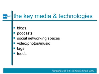 the key media & technologies blogs podcasts social networking spaces video/photos/music tags feeds 