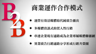 商業運作合作模式
 運營有效活媒體取代純廣告播出

 多媒體資訊式的置入性行銷

 串連企業現有通路成為企業專屬媒體聯播網

 異業廣告行銷通路分享形成行銷共榮圈
 