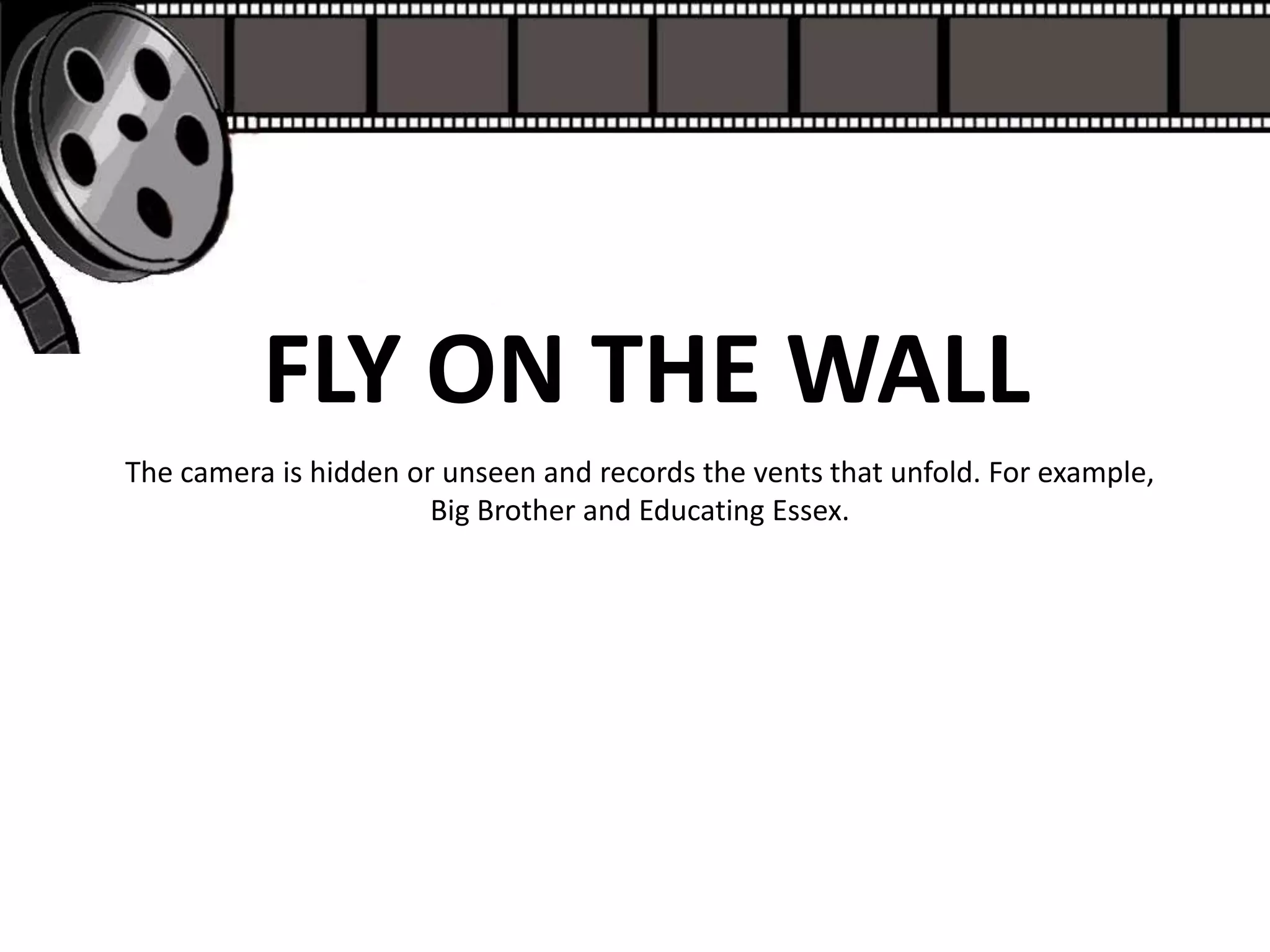 FLY ON THE WALL
The camera is hidden or unseen and records the vents that unfold. For example,
                       Big Brother and Educating Essex.
 