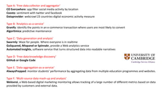 Type A: ‘Free data collector and aggregator’
CO Everywhere :app filter social media activity by location
Coosto: sentiment with twitter and facebook
Dataprovider: webcrawl 23 countries-digital economic activity measure
Type B: ‘Analytics-as-a-service’
Granify: identify the points in an e-commerce transaction where users are most likely to convert
Algoritmica: predictive maintenance
Type C: ‘Data generation and analysis’
Swarmly: Waze for people. Where everyone is in realtime
GoSquared, Mixpanel or Spinnakr, provide a Web analytics service
Automated Insights, software service that turns structured data into readable narratives
Type D: ‘Free data knowledge discovery’
GitHub or Google Code
Type E: ‘Data-aggregation-as-a-service‘
AlwaysPrepped: monitor students’ performance by aggregating data from multiple education programmes and websites.
Type F: ‘Multi-source data mash-up and analysis’
Welovroi, a Web-based digital marketing monitoring allows tracking of a large number of different metrics based on data
provided by customers and external data.
 