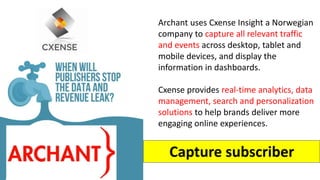 Capture subscriber
Archant uses Cxense Insight a Norwegian
company to capture all relevant traffic
and events across desktop, tablet and
mobile devices, and display the
information in dashboards.
Cxense provides real-time analytics, data
management, search and personalization
solutions to help brands deliver more
engaging online experiences.
 