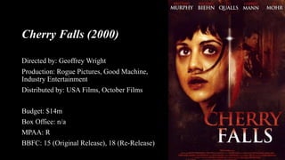 Cherry Falls (2000)
Directed by: Geoffrey Wright
Production: Rogue Pictures, Good Machine,
Industry Entertainment
Distributed by: USA Films, October Films
Budget: $14m
Box Office: n/a
MPAA: R
BBFC: 15 (Original Release), 18 (Re-Release)
 