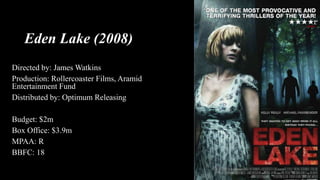 Eden Lake (2008)
Directed by: James Watkins
Production: Rollercoaster Films, Aramid
Entertainment Fund
Distributed by: Optimum Releasing
Budget: $2m
Box Office: $3.9m
MPAA: R
BBFC: 18
 
