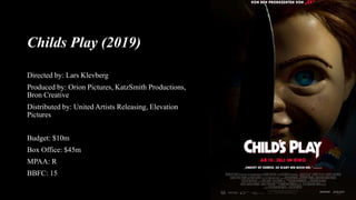 Childs Play (2019)
Directed by: Lars Klevberg
Produced by: Orion Pictures, KatzSmith Productions,
Bron Creative
Distributed by: United Artists Releasing, Elevation
Pictures
Budget: $10m
Box Office: $45m
MPAA: R
BBFC: 15
 