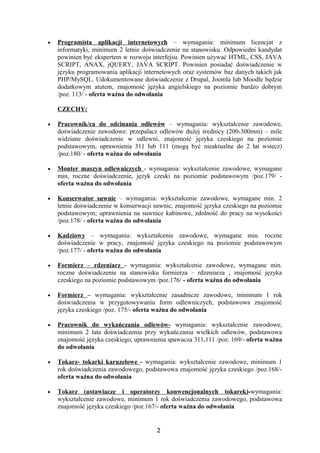 •   Programista aplikacji internetowych – wymagania: minimum licencjat z
    informatyki, minimum 2 letnie doświadczenie na stanowisku. Odpowiedni kandydat
    powinien być ekspertem w rozwoju interfejsu. Powinien używać HTML, CSS, JAVA
    SCRIPT, ANAX, jQUERY, JAVA SCRIPT. Powinien posiadać doświadczenie w
    języku programowania aplikacji internetowych oraz systemów baz danych takich jak
    PHP/MySQL. Udokumentowane doświadczenie z Drupal, Joomla lub Moodle będzie
    dodatkowym atutem, znajomość języka angielskiego na poziomie bardzo dobrym
    /poz. 113/ - oferta ważna do odwołania

    CZECHY:

•   Pracownik/ca do odcinania odlewów – wymagania: wykształcenie zawodowe,
    doświadczenie zawodowe: przepalacz odlewów dużej średnicy (200-300mm) – mile
    widziane doświadczenie w odlewni, znajomość języka czeskiego na poziomie
    podstawowym, uprawnienia 311 lub 111 (mogą być nieaktualne do 2 lat wstecz)
    /poz.180/ - oferta ważna do odwołania

•   Monter maszyn odlewniczych - wymagania: wykształcenie zawodowe, wymagane
    min, roczne doświadczenie, język czeski na poziomie podstawowym /poz.179/ -
    oferta ważna do odwołania

•   Konserwator suwnic – wymagania: wykształcenie zawodowe, wymagane min. 2
    letnie doświadczenie w konserwacji suwnic, znajomość języka czeskiego na poziomie
    podstawowym; uprawnienia na suwnice kabinowe, zdolność do pracy na wysokości
    /poz.178/ - oferta ważna do odwołania

•   Kadziowy – wymagania: wykształcenie zawodowe, wymagane min. roczne
    doświadczenie w pracy, znajomość języka czeskiego na poziomie podstawowym
    /poz.177/ - oferta ważna do odwołania

•   Formierz – rdzeniarz - wymagania: wykształcenie zawodowe, wymagane min.
    roczne doświadczenie na stanowisku formierza – rdzeniarza ; znajomość języka
    czeskiego na poziomie podstawowym /poz.176/ - oferta ważna do odwołania

•   Formierz – wymagania: wykształcenie zasadnicze zawodowe, minimum 1 rok
    doświadczenia w przygotowywaniu form odlewniczych, podstawowa znajomość
    języka czeskiego /poz. 175/- oferta ważna do odwołania

•   Pracownik do wykańczania odlewów- wymagania: wykształcenie zawodowe,
    minimum 2 lata doświadczenia przy wykańczaniu wielkich odlewów, podstawowa
    znajomość języka czeskiego, uprawnienia spawacza 311,111 /poz. 169/- oferta ważna
    do odwołania

•   Tokarz- tokarki karuzelowe - wymagania: wykształcenie zawodowe, minimum 1
    rok doświadczenia zawodowego, podstawowa znajomość języka czeskiego /poz.168/-
    oferta ważna do odwołania

•   Tokarz (ustawiacze i operatorzy konwencjonalnych tokarek)-wymagania:
    wykształcenie zawodowe, minimum 1 rok doświadczenia zawodowego, podstawowa
    znajomość języka czeskiego /poz.167/- oferta ważna do odwołania


                                       2
 