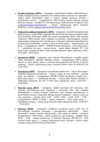 •   Doradca finansowy (0971) – wymagania: wykształcenie średnie, doświadczenie w
    handlu, umiejętność pracy z klientem, mile widziane prawo jazdy kat. B i samochód –
    ogólny zakres obowiązków: praca w terenie, obsługa pożyczek klientów i
    pozyskiwanie nowych – wynagrodzenie: 1500 zł brutto, umowa zlecenie, godziny
    pracy do ustalenia – kontakt: CV i list motywacyjny można przesłać na adres e- mail:
    ewakolanowska@everestfinanse.pl – miejsce wykonywania pracy: Koszalin,
    Kołobrzeg i okolice (oferta ważna od 05.06.2012 do 04.07.2012)

•   Programista aplikacji internetowy (0970) – wymagania: znajomość programowania
    obiektywnego w języku PHP, znajomość lub możliwość douczenia się języków html,
    CSS, javascript, technologii AJAX oraz wzorca projektowego MVC; mile widziana
    znajomość CMSa joomla; język angielski na poziomie umożliwiającym czytanie
    dokumentacji technicznej oraz wyszukiwanie w Internecie informacji potrzebnych do
    rozwiązywania problemów - umowa o pracę na okres próbny – nienormowany czas
    pracy – wynagrodzenie 1500,00 – 2500,00 zł brutto miesięcznie – ilość miejsc pracy:
    2 – zatrudnienie od zaraz – miejsce pracy – praca zdalna. Kontakt: CV i list
    motywacyjny przesłać na adres e-mail: praca@matysart.pl (okres aktualności oferty:
    05.06.2012 – 04.07.2012)

•   Sprzedawca (0958) – wymagania: mile widziane doświadczenie w handlu; ogólny
    zakres obowiązków: sprzedaż, układanie towaru – wynagrodzenie 1600 zł brutto,
    umowa na okres próbny, praca w systemie dwuzmianowym od 9:00 do 21:00 (do
    ustalenia) – miejsce wykonywania pracy: Koszalin (oferta ważna od 04.06.2012 do
    15.06.2012)

•   Sprzątaczka (0939) – wymagania: wykształcenie podstawowe – zakres obowiązków:
    sprzątanie pomieszczeń biurowych – umowa o pracę na czas określony – godziny
    pracy do ustalenia – wynagrodzenie 1500,00 zł brutto miesięcznie za pełen etat –
    ilość miejsc pracy: 1 – zatrudnienie od zaraz – miejsce pracy Sianów. Kontakt: P.
    Władysława Niemczyk, tel. 697 777 980 (okres aktualności oferty: 31.05.2012 –
    29.06.2012)

•   Operator prasy (0937) – wymagania: średnie zawodowe lub techniczne, mile
    widziane doświadczenie przy segregacji i sortowaniu folii, mile widziane
    doświadczenie w branży tworzyw sztucznych, mile widziane doświadczenie w
    przetwórstwie tworzyw sztucznych; obsługa maszyn i urządzeń – umowa o pracę na
    czas określony – godziny pracy 6.00 – 14.00, 14.00 – 22.00, 22.00 – 6.00 –
    wynagrodzenie 1500,00 zł brutto + premia uznaniowa – ilość miejsc pracy: 1 –
    zatrudnienie od zaraz – miejsce pracy Koszalin (okres aktualności oferty: 30.05.2012
    – 28.06.2012)

•   Kierowca (0936) – wymagania: zasadnicze zawodowe, prawo jazdy kat. B,
    doświadczenie zawodowe zawiązane z prowadzeniem samochodów – zakres
    obowiązków: wywóz towarów spożywczych z hali makro do klienta – wysokość
    wynagrodzenia: 1500zł brutto - umowa o pracę na czas określony – godziny pracy
    08.00 – 16.00 – kontakt telefoniczny: P. Karolina Milewska 508 385 210 – ilość
    wolnych miejsc pracy: 1 – miejsce wykonywania pracy: Koszalin i okolice (okres
    ważności oferty od 30.05.2012 do 28.06.2012)




                                         4
 