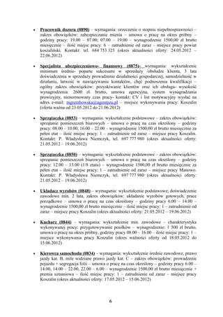 •   Pracownik dozoru (0890) – wymagania: orzeczenie o stopniu niepełnosprawności –
    zakres obowiązków: zabezpieczanie mienia – umowa o pracę na okres próbny –
    godziny pracy: 19.00 – 07.00; 07.00 – 19.00 – wynagrodzenie 1500,00 zł brutto
    miesięcznie – ilość miejsc pracy: 6 – zatrudnienie od zaraz – miejsce pracy powiat
    koszaliński. Kontakt: tel. 684 753 323 (okres aktualności oferty: 24.05.2012 –
    22.06.2012)

•   Specjalista ubezpieczeniowo- finansowy (0875)- wymagania: wykształcenie
    minimum średnie- poparte sukcesami w sprzedaży /obsłudze klienta, 3 lata
    doświadczenia w sprzedaży prowadzenie działalności gospodarczej, samodzielność w
    działaniu, łatwość w nawiązywaniu kontaktów, chęć podnoszenia kwalifikacji –
    ogólny zakres obowiązków: pozyskiwanie klientów oraz ich obsługa- wysokość
    wynagrodzenia: 2600 zł. brutto, umowa agencyjna, system wynagradzania
    prowizyjny, nienormowany czas pracy- kontakt: CV i list motywacyjny wysłać na
    adres e-mail: mgrembowska@agentpzu.pl – miejsce wykonywania pracy: Koszalin
    (oferta ważna od 23.05.2012 do 21.06.2012)

•   Sprzątaczka (0853) – wymagania: wykształcenie podstawowe – zakres obowiązków:
    sprzątanie pomieszczeń biurowych – umowa o pracę na czas określony – godziny
    pracy: 08.00 – 10.00; 16.00 – 22.00 – wynagrodzenie 1500,00 zł brutto miesięcznie za
    pełen etat – ilość miejsc pracy: 1 – zatrudnienie od zaraz – miejsce pracy Koszalin.
    Kontakt: P. Władysława Niemczyk, tel. 697 777 980 (okres aktualności oferty:
    21.05.2012 – 19.06.2012)

•   Sprzątaczka (0850) – wymagania: wykształcenie podstawowe – zakres obowiązków:
    sprzątanie pomieszczeń biurowych – umowa o pracę na czas określony – godziny
    pracy: 12.00 – 13.00 (1/8 etatu) – wynagrodzenie 1500,00 zł brutto miesięcznie za
    pełen etat – ilość miejsc pracy: 1 – zatrudnienie od zaraz – miejsce pracy Manowo.
    Kontakt: P. Władysława Niemczyk, tel. 697 777 980 (okres aktualności oferty:
    21.05.2012 – 19.06.2012)

•   Układacz wyrobów (0848) – wymagania: wykształcenie podstawowe; doświadczenie
    zawodowe min. 2 lata, zakres obowiązków: układanie wyrobów gotowych, prace
    porządkowe – umowa o pracę na czas określony – godziny pracy 6.00 – 14.00 –
    wynagrodzenie 1500,00 zł brutto miesięcznie – ilość miejsc pracy: 1 – zatrudnienie od
    zaraz – miejsce pracy Koszalin (okres aktualności oferty: 21.05.2012 – 19.06.2012)

•   Kucharz (0844) – wymagania: wykształcenie min. zawodowe – charakterystyka
    wykonywanej pracy: przygotowywanie posiłków – wynagrodzenie: 1 500 zł brutto,
    umowa o pracę na okres próbny, godziny pracy 08.00 – 16.00 – ilość miejsc pracy: 1 –
    miejsce wykonywania pracy Koszalin (okres ważności oferty od 18.05.2012 do
    15.06.2012)

•   Kierowca samochodu (0834) – wymagania: wykształcenie średnie zawodowe, prawo
    jazdy kat. B, mile widziane prawo jazdy kat. C – zakres obowiązków: prowadzenie
    pojazdu + segregacja folii – umowa o pracę na czas określony – godziny pracy 6.00 –
    14.00, 14.00 – 22.00, 22.00 – 6.00 – wynagrodzenie 1500,00 zł brutto miesięcznie +
    premia uznaniowa – ilość miejsc pracy: 1 – zatrudnienie od zaraz – miejsce pracy
    Koszalin (okres aktualności oferty: 17.05.2012 – 15.06.2012)



                                         6
 