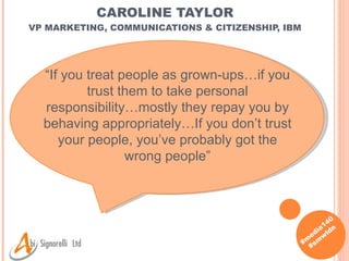CAROLINE TAYLOR VP MARKETING, COMMUNICATIONS & CITIZENSHIP, IBM “ If you treat people as grown-ups…if you trust them to take personal responsibility…mostly they repay you by behaving appropriately…If you don’t trust your people, you’ve probably got the wrong people” 