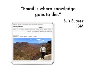 “Email is where knowledge
       goes to die.”
                   Luis Suarez
                          IBM
 