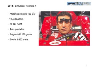 2010 :  Simulador Fórmula 1 Motor elèctric de 180 CV 10 ordinadors  60 Gb RAM Tres pantalles Angle visió 180 graus So de 3.500 watts 
