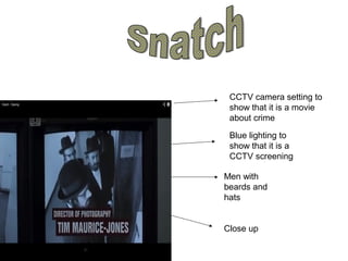 CCTV camera setting to
show that it is a movie
about crime
Blue lighting to
show that it is a
CCTV screening
Men with
beards and
hats
Close up

 
