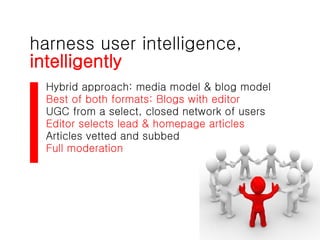 harness user intelligence,  intelligently Hybrid approach: media model & blog model Best of both formats: Blogs with editor UGC from a select, closed network of users Editor selects lead & homepage articles Articles vetted and subbed Full moderation 