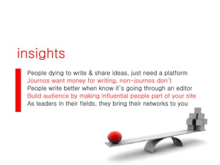 insights People dying to write & share ideas, just need a platform Journos want money for writing, non-journos don’t   People write better when know it’s going through an editor Build audience by making influential people part of your site As leaders in their fields, they bring their networks to you 