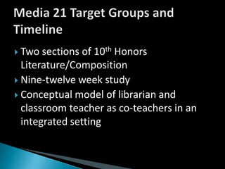 Two sections of 10th Honors Literature/CompositionNine-twelve week studyConceptual model of librarian and classroom teacher as co-teachers in an integrated settingMedia 21 Target Groups and Timeline