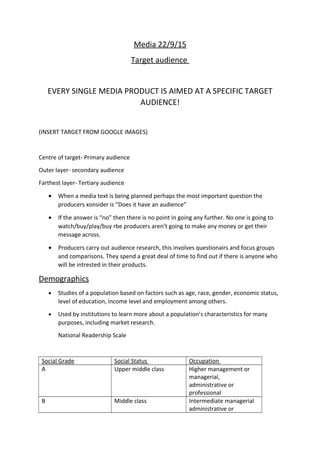 Media 22/9/15
Target audience
EVERY SINGLE MEDIA PRODUCT IS AIMED AT A SPECIFIC TARGET
AUDIENCE!
(INSERT TARGET FROM GOOGLE IMAGES)
Centre of target- Primary audience
Outer layer- secondary audience
Farthest layer- Tertiary audience
• When a media text is being planned perhaps the most important question the
producers xonsider is “Does it have an audience”
• If the answer is “no” then there is no point in going any further. No one is going to
watch/buy/play/buy rbe producers aren’t going to make any money or get their
message across.
• Producers carry out audience research, this involves questionairs and focus groups
and comparisons. They spend a great deal of time to find out if there is anyone who
will be intrested in their products.
Demographics
• Studies of a population based on factors such as age, race, gender, economic status,
level of education, income level and employment among others.
• Used by institutions to learn more about a population’s characteristics for many
purposes, including market research.
National Readership Scale
Social Grade Social Status Occupation
A Upper middle class Higher management or
managerial,
administrative or
professional
B Middle class Intermediate managerial
administrative or
 