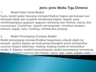 1. Model Padat (Solid Model)
Suatu model padat biasanya memperlihatkan bagian permukaan luar
daripada objek dan acapkali membuang bagian-bagian yang
membingungkan gagasan-gagasan utamanya dari bentuk, warna, dan
susunannya. Contohnya: sejarah persenjataan: misalnya senapan,
meriam, kapak, batu, lembing, tombak,dan pedang.
2. Model Penampang (Cutaway Model)
Model penampang memperlihatkan bagaimana sebuah objek itu
tampak, apabila bagian permukaannya diangkat untuk mengetahui
susunan bagian dalamnya. Kadang-kadang model ini dinamakan
model X-Rayatau modelCrossectionyaitu model penampang memotong.
Contoh: anatomi manusia dan hewan, seprti: gigi, mata, kepala, otak,
torso, tulang belulang, jantung, paru-paru, dan bagian ginjal.
 