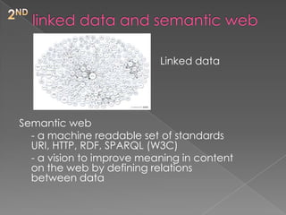 2ndlinked data and semantic web						Linked data Semantic web 	- a machine readable set of standards URI, HTTP, RDF, SPARQL (W3C)	- a vision to improve meaning in content on the web by defining relations between data
