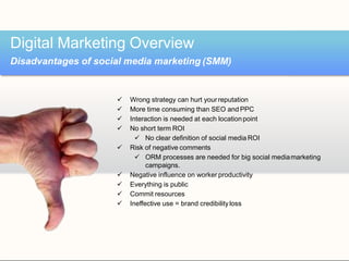  Wrong strategy can hurt yourreputation
 More time consuming than SEO and PPC
 Interaction is needed at each locationpoint
 No short term ROI
 No clear definition of social media ROI
 Risk of negative comments
 ORM processes are needed for big social mediamarketing
campaigns.
 Negative influence on worker productivity
 Everything is public
 Commit resources
 Ineffective use = brand credibilityloss
Digital Marketing Overview
Disadvantages of social media marketing (SMM)
 