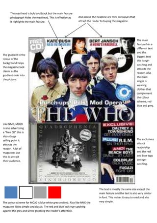 The masthead is bold and black but the main feature
      photograph hides the masthead. This is effective as     Also above the headline are mini exclusives that
      it highlights the main feature.                         attract the reader to buying the magazine.




                                                                                                                 The main
                                                                                                                 feature has a
                                                                                                                 different text
                                                                                                                 and the
The gradient in the
                                                                                                                 biggest text
colour of the
                                                                                                                 this is eye-
background helps
                                                                                                                 catching and
the magazine look
                                                                                                                 attracts the
classic as the
                                                                                                                 reader. Also
gradient sinks into
                                                                                                                 the main
the picture.
                                                                                                                 singer is
                                                                                                                 wearing
                                                                                                                 clothes that
                                                                                                                 complement
                                                                                                                 the colour
                                                                                                                 scheme, red
                                                                                                                 blue and grey.




Like NME, MOJO
is also advertising
a “free CD” this is
also a huge
selling point it                                                                                                 The exclusives
attracts the                                                                                                     attract
reader. A lot of                                                                                                 readership
magazines use                                                                                                    and the red
this to attract                                                                                                  and blue tags
their audience.                                                                                                  are eye-
                                                                                                                 catching.




                                                                               The text is mostly the same size except the
                                                                               main feature and the text is also very similar
                                                                               in font. This makes it easy to read and also
The colour scheme for MOJO is blue white grey and red. Also like NME the       very simple.
magazine looks simple and classic. The red and blue look eye-catching
against the grey and white grabbing the reader’s attention.
 