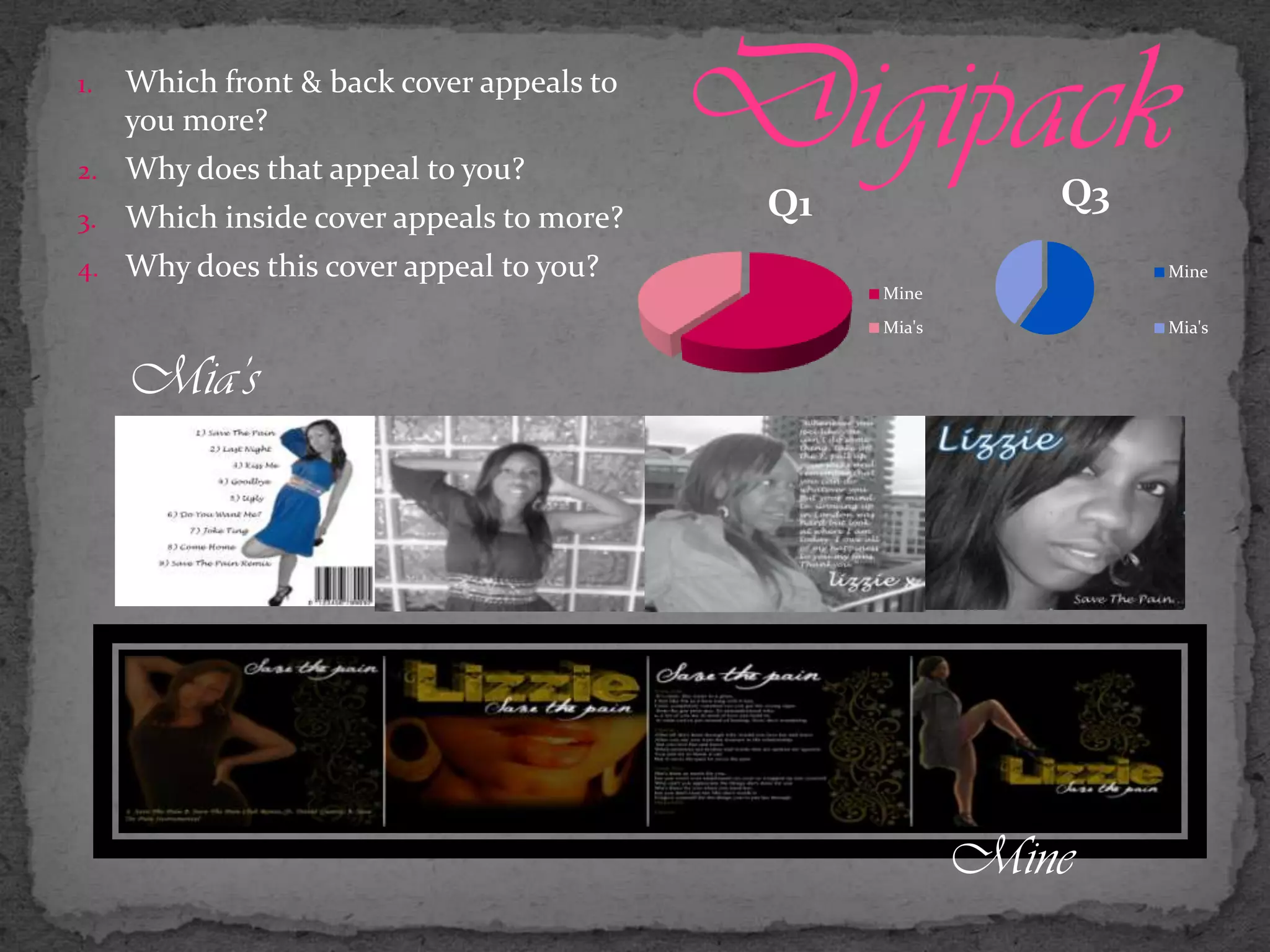 Shots were reviewed and analysed then I spent time  re-logging  and capturing shots from tapes and trying different effects.Consequently, the end results on the video were the best that I could edit without reshooting and I have written about it in more detail in my blogs. Some shots were too dark whilst others had too much overexposed light in areas like the artist’s forehead.DigipackWhich front & back cover appeals to you more?Why does that appeal to you?Which inside cover appeals to more?Why does this cover appeal to you?Mia’sMine